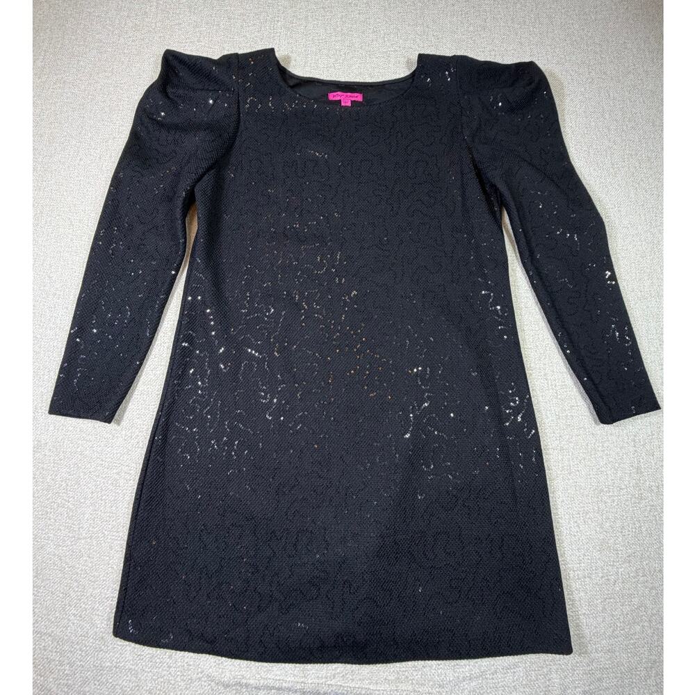 Betsey Johnson Women XL Black Sequin Long Sleeve Pullover Knee Length Dress Glam